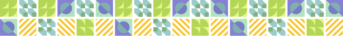Pattern of colorful geometric shapes including green pinwheels, teal and black checkered squares, purple circles, and yellow and black diagonal stripes.