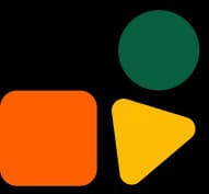 Abstract shapes including an orange square, yellow triangle pointing right, and a dark green circle.